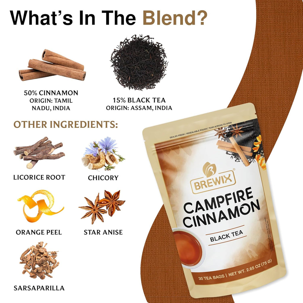 BREWIX, Campfire Cinnamon Black Tea (30 Pyramid Tea Bags) | Black Tea with Orange & Cinnamon | Sweet and Spicy Tea | Energy Tea