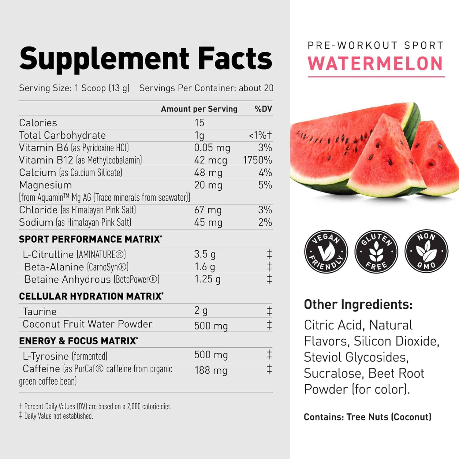 Kaged Sport Pre Workout Powder for Men & Women, Watermelon, Sport Certified, 188mg Caffeine, Nitric Oxide Supplement, Beta Alanine for Energy, Weightlifting, Cardio Endurance & Strength, 20 Servings