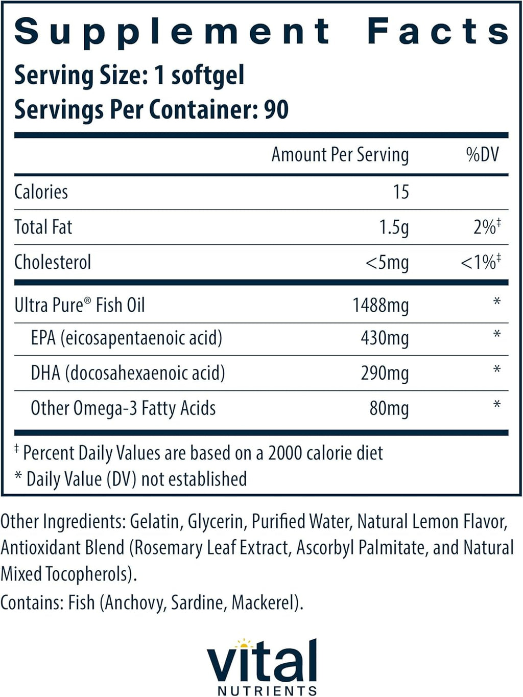 Vital Nutrients Ultra Pure® Fish Oil 800 Triglyceride Form | Heart, Brain, & Immune Health* | Sustainably Sourced High EPA & DHA Omega-3 Fatty Acid | Lemon Flavor | Gluten, Dairy, Soy Free | 90 Count