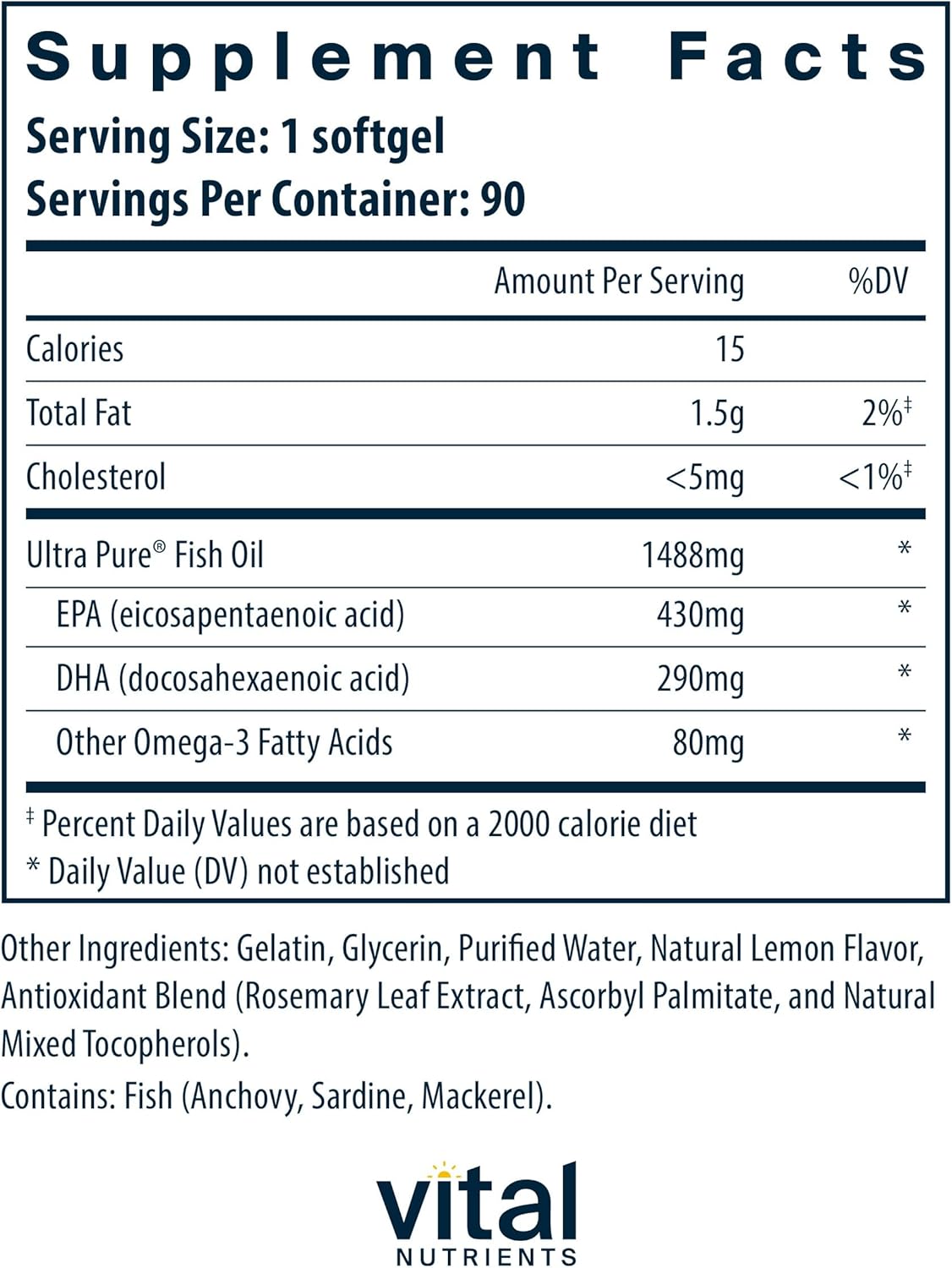 Vital Nutrients Ultra Pure® Fish Oil 800 Triglyceride Form | Heart, Brain, & Immune Health* | Sustainably Sourced High EPA & DHA Omega-3 Fatty Acid | Lemon Flavor | Gluten, Dairy, Soy Free | 90 Count