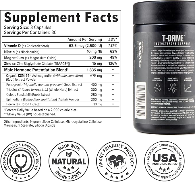 InnoSupps : T-Drive | Testosterone Booster | Amplify Muscle Growth | KSM-66 Ashwagandha, Boron, Fenugreek | 90 Capsules