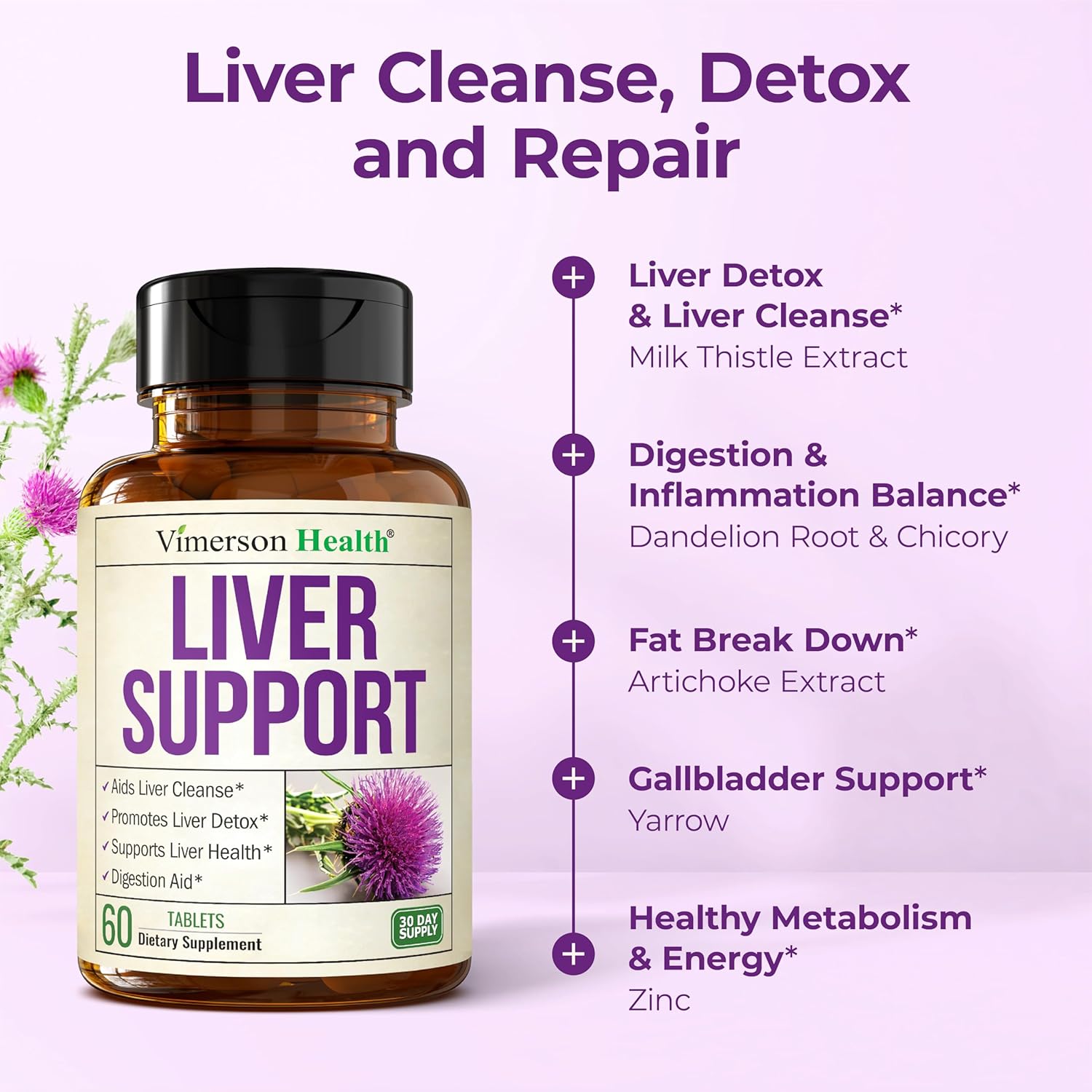 Liver Cleanse Detox & Repair Milk Thistle Supplement - 60 Tablets Herbal Liver Support - Choline, Artichoke Extract & Chicory. Dandelion Root Supplement to Promote Cellular Repair & Digestion - Vegan