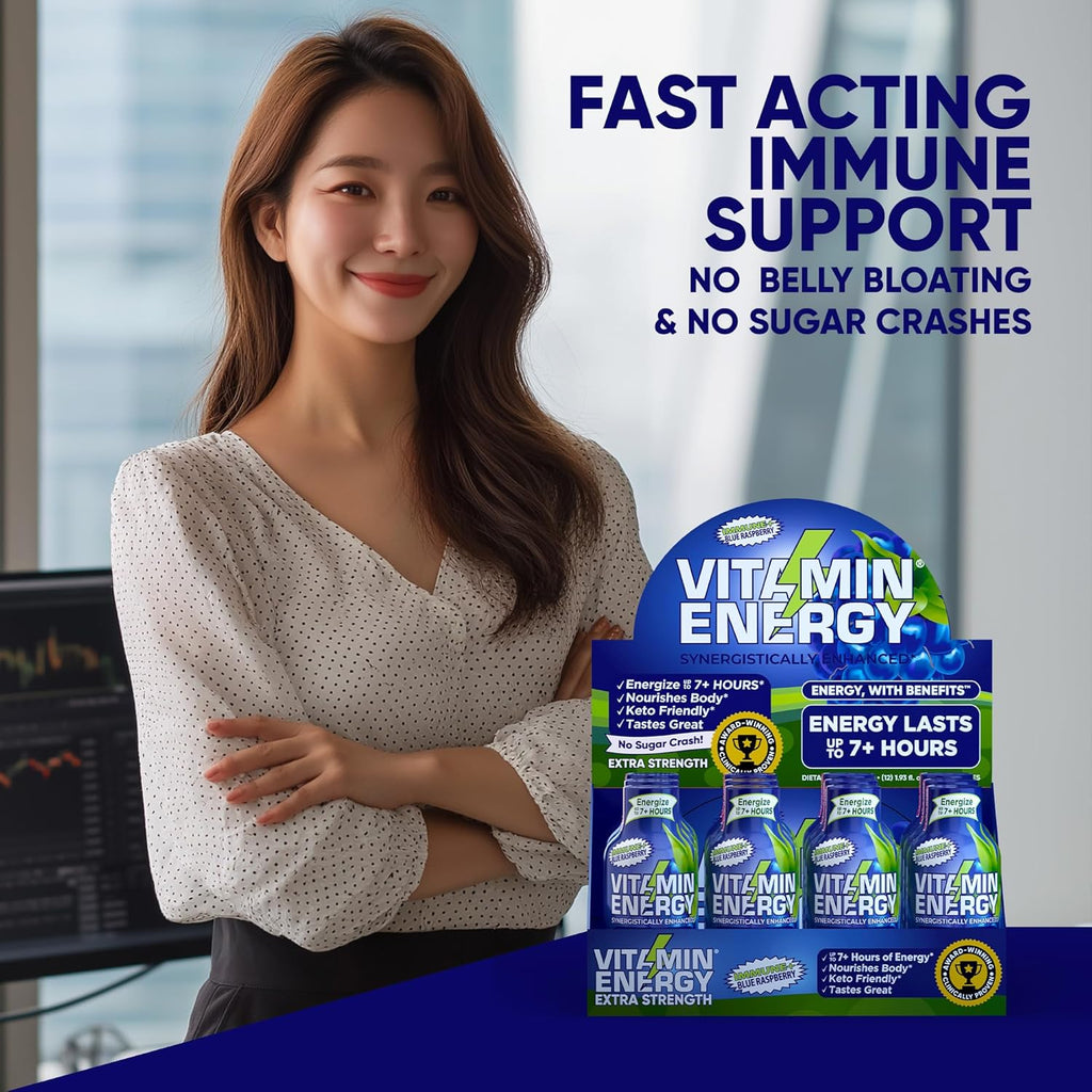 Vitamin Energy Immune+ Extra Strength Energy Shot Blue Raspberry 48 Pack, 260mg Natural Caffeine, B-Vitamins, Citicoline, Green Tea, Immunity & Focus Support, Zero Sugar, Gluten-Free 1.93 fl oz