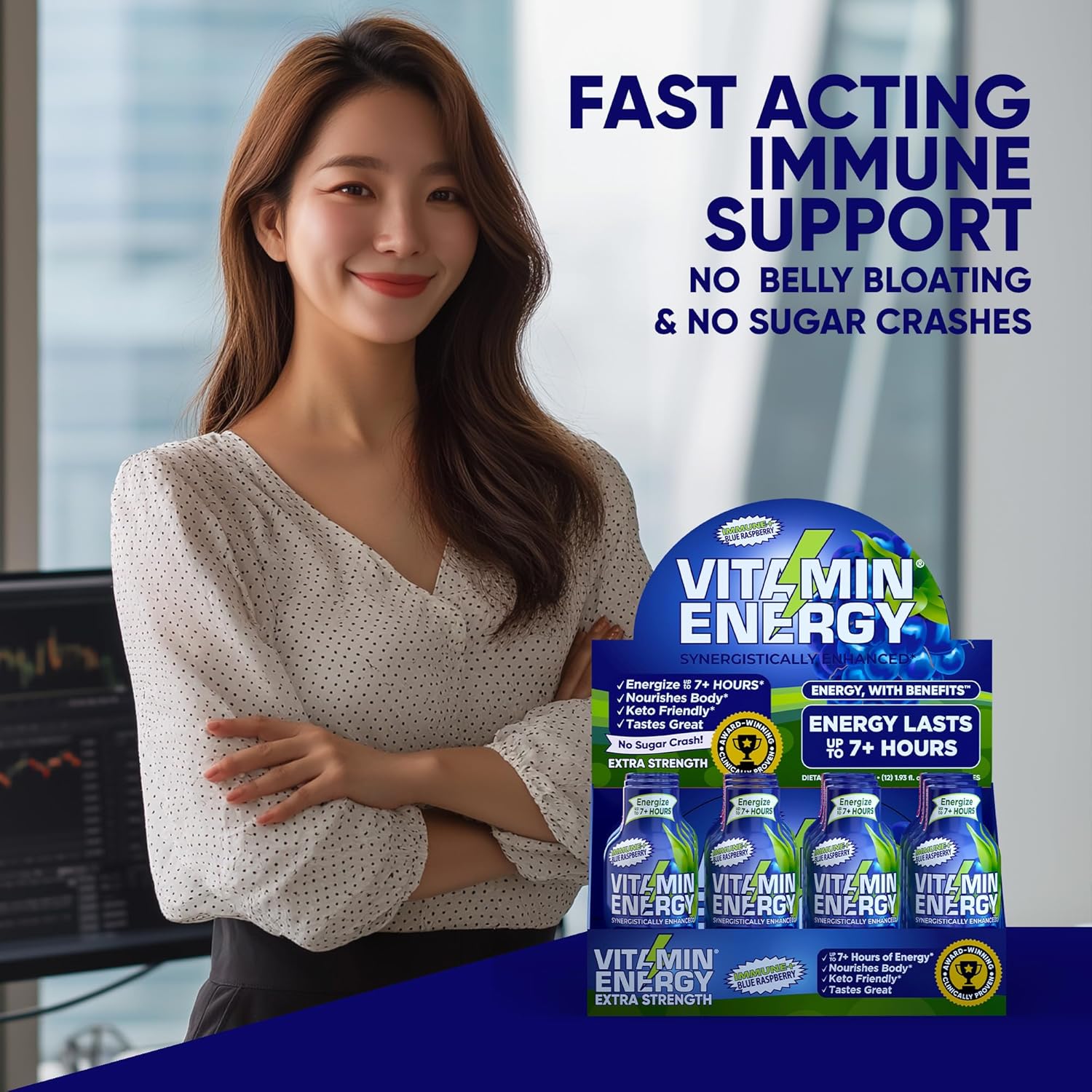 Vitamin Energy Immune+ Extra Strength Energy Shot Blue Raspberry 12 Pack, 260mg Natural Caffeine, B-Vitamins, Citicoline, Green Tea, Immunity & Focus Support, Zero Sugar, Gluten-Free 1.93 fl oz