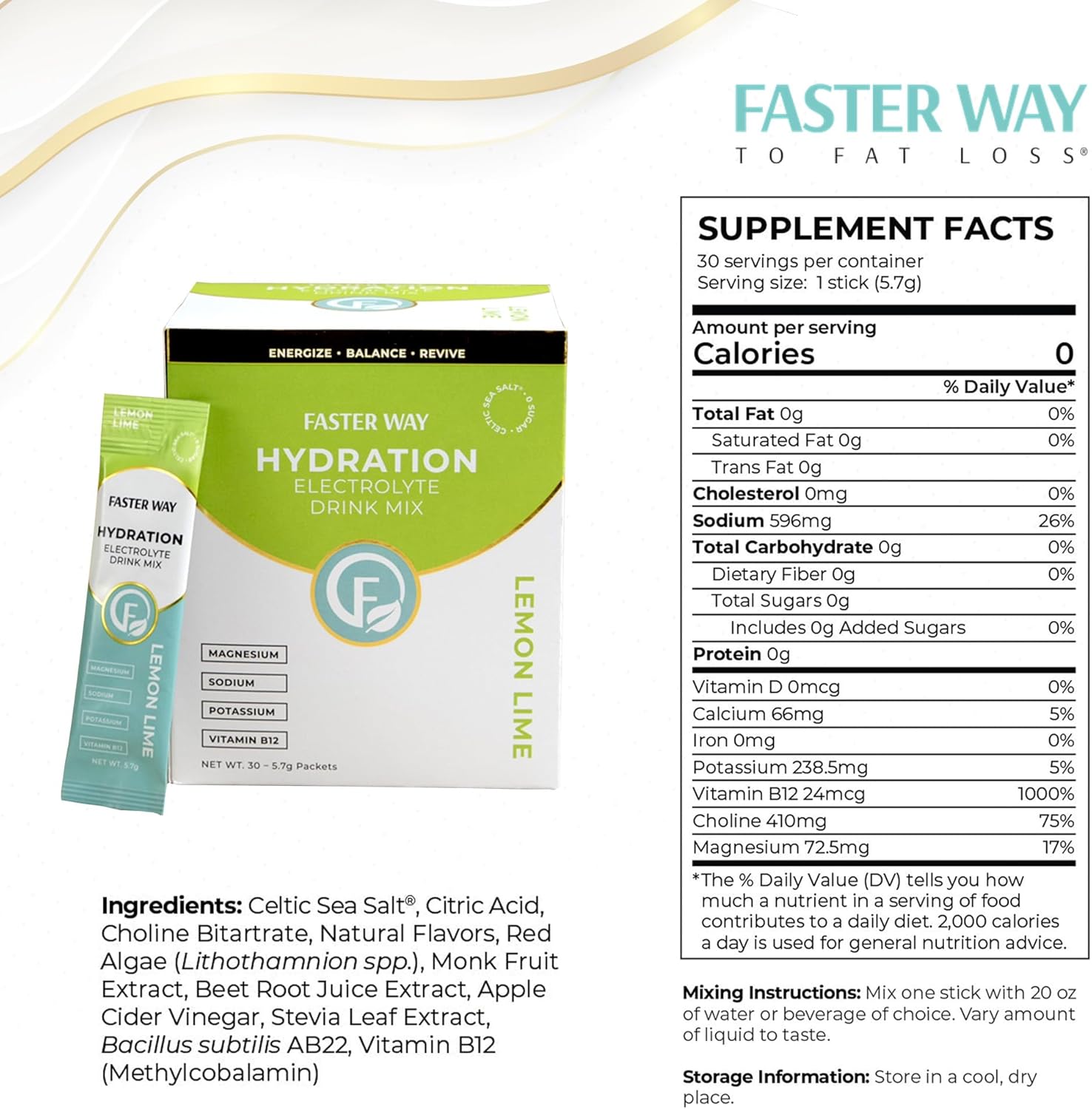 Faster Way - Hydration - Electrolyte Drink Mix - With Apple Cider Vinegar, Choline, Probiotics & Natural B Vitamins - Energize & Revive - Powder Packets - Zero Sugars -Gluten Free -Lemon Lime -30 Pack