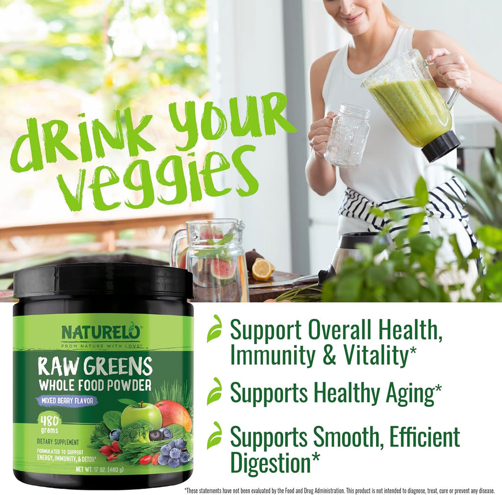 NATURELO Raw Greens Superfood Powder - Mixed Berry - Boost Energy, Detox, Enhance Health - Organic Spirulina - Wheat Grass - Whole Food Nutrition from Fruits & Vegetables - 480 Grams