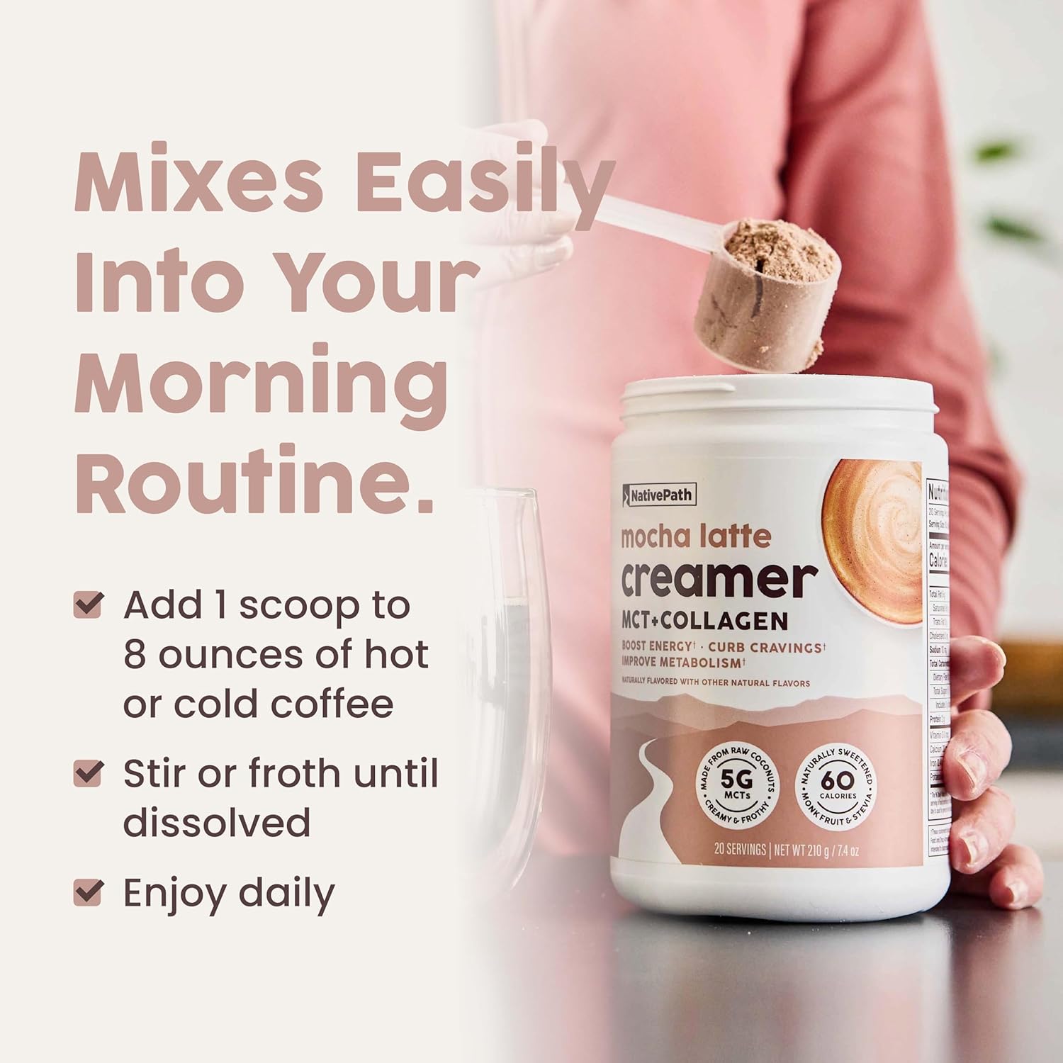 NativePath Keto Coffee Creamer Powder Mocha Latte — Keto-Friendly, Non-Dairy & Low Sugar Creamer. Made with Grass-fed Collagen Protein Powder, MCT Oil & Monk Fruit. Soy & Gluten Free (7.4 OZ)