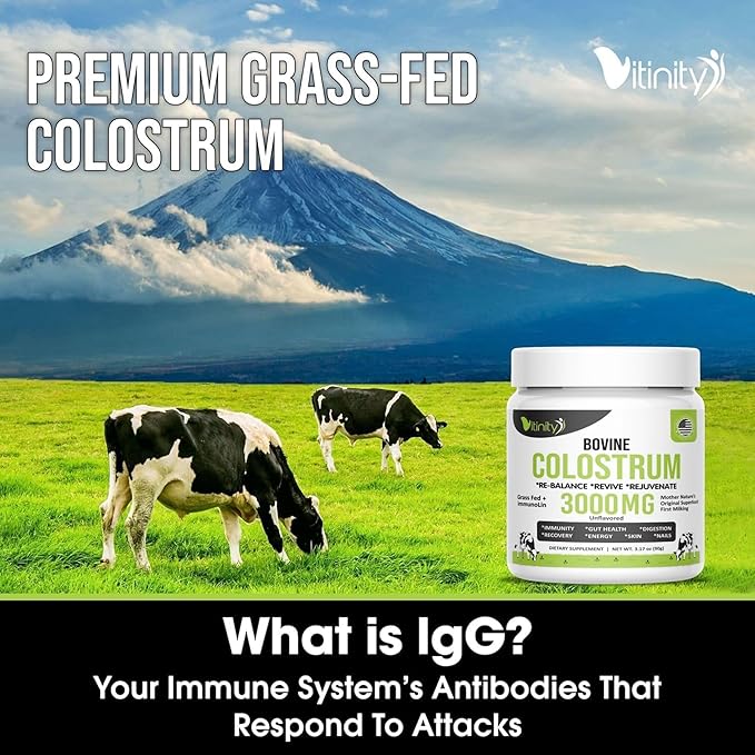 VITINITY Grass Fed Bovine Colostrum Powder for Humans 3000 mg - Natural IgG Colostrum Supplement Gut Health, Immune Support, Muscle Recovery, Wellness | Pure Colostrum Superfood,Unflavored 2 Pack