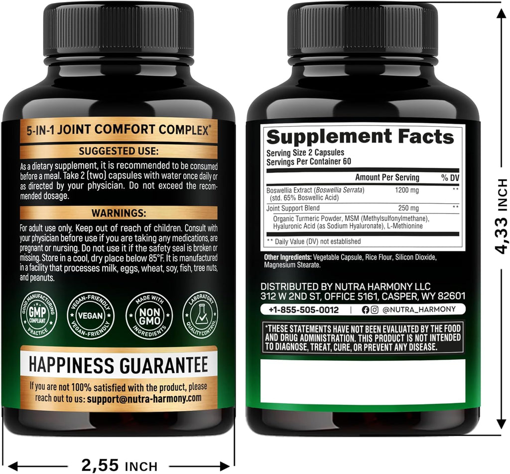 Boswellia 1200mg - Boswellia Extract | Turmeric | Hyaluronic Acid | MSM | Same - Joint Health & Comfort - Boswellia Serrata | 65% Boswellic Acid - for Men & Women - Made in USA - 120 Capsules
