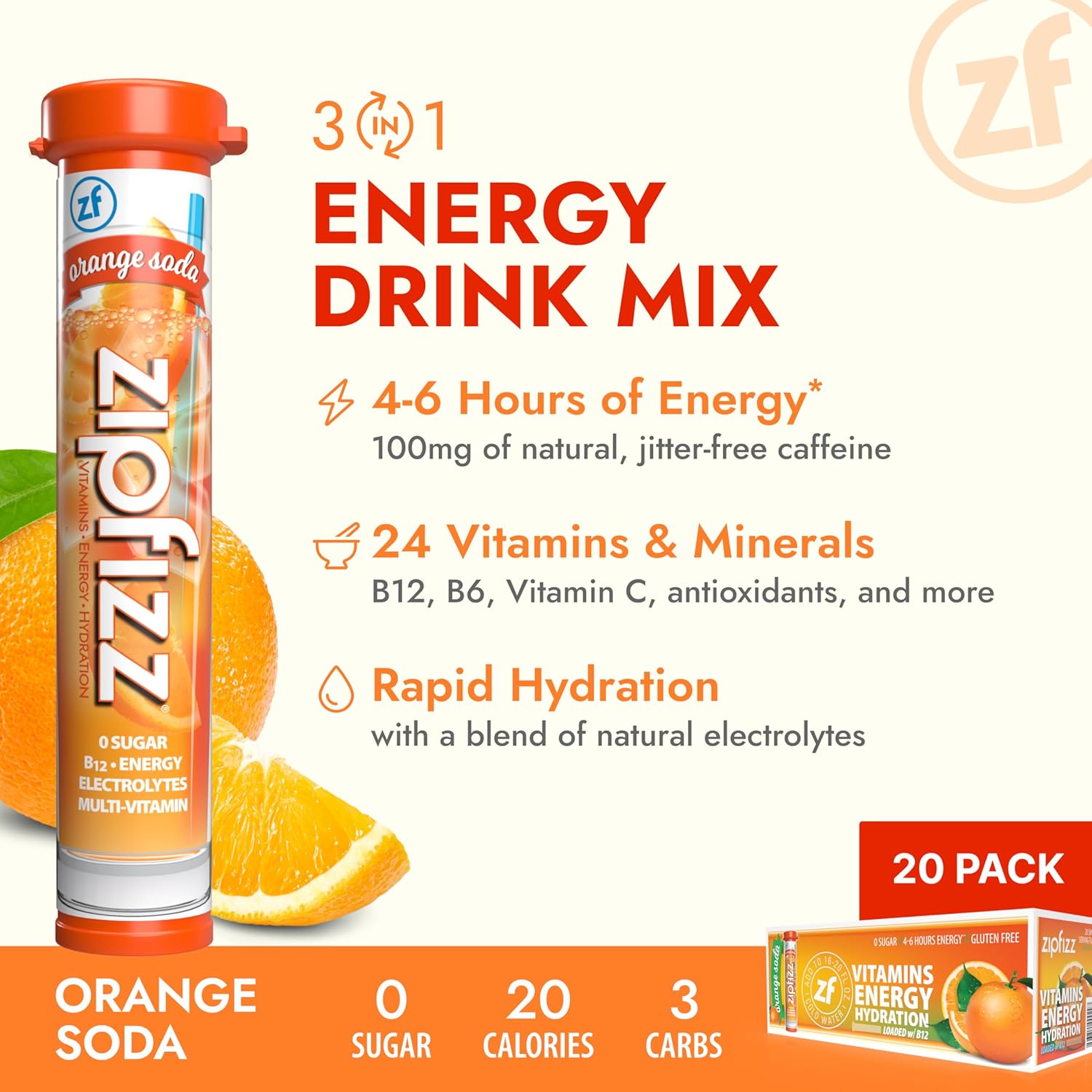 Zipfizz Daily Energy Drink Powder, Orange Soda, 20 Pack | 3-in-1 Sustained Energy, Rapid Hydration, and Essential Vitamins | Sugar-Free | Electrolyte Powder | Contains Vitamin B-12 & Antioxidants
