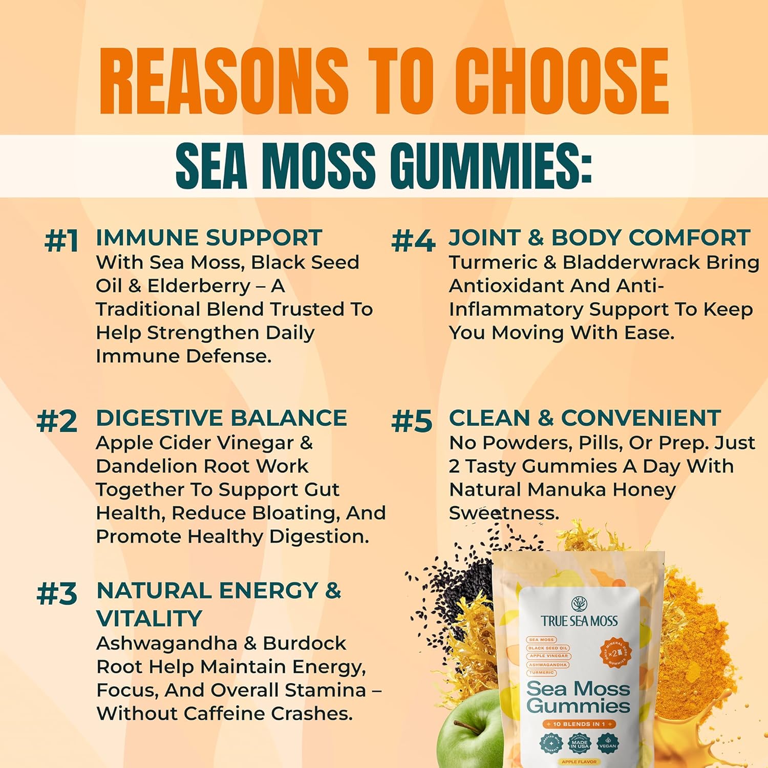 Sea Moss & Apple Cider Vinegar Gummies – 10-in-1 Herbal Blend with Black Seed Oil, Ashwagandha, Turmeric, Bladderwrack, Burdock Root & Dandelion – Vegan, USA Made, Natural Apple Flavor – 60 ct