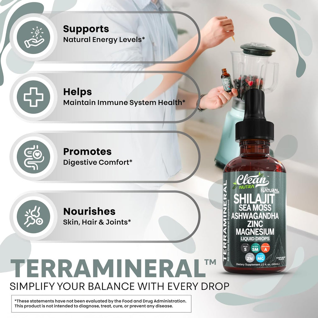 Shilajit Liquid Drops with Sea Moss, Ashwagandha, Zinc, Magnesium, Liquid Vitamins for Women and Men - Terra Mineral by Clean Nutra - 2Pack