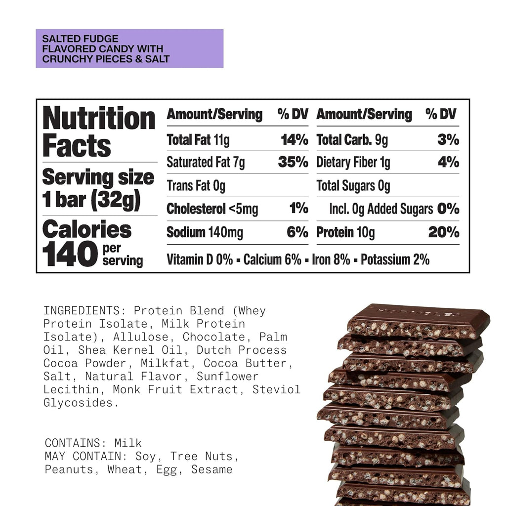 Hormbles Chormbles Protein Candy Bars, Salted Fudge, 10g Protein, 0g Sugar, 140 Calories, Fudge Chocolate Candy With Crunchy Pieces and Salt, Sugar Free Snacks or Dessert, 1.13 Oz, 12 Pack