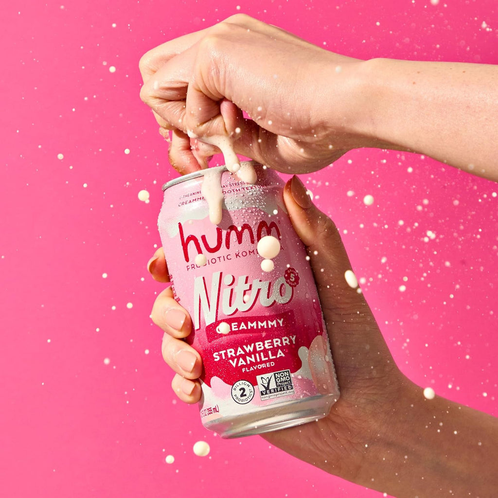 Humm Nitro Kombucha Strawberry Vanilla, Creamy Smooth Probiotic Drink with L-Theanine, Non-GMO, Vegan, Gluten Free, 12 fl oz (Pack of 24)