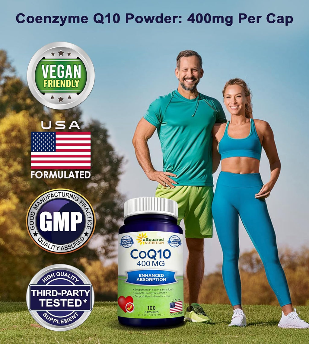 aSquared Nutrition CoQ10 (400mg Max Strength, 100 Veggie Capsules) - High Absorption Coenzyme Q10 Powder - Ubiquinone Supplement Pills, Extra Antioxidant CO Q-10 Enzyme Vitamin Tablets, Coq 10 400 mg