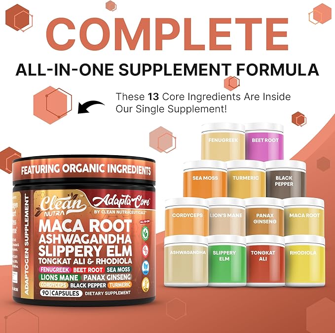Clean Nutra Organic Maca Root Capsules for Women + Ashwagandha Slippery Elm Tongkat Ali Rhodiola Rosea Fenugreek Beet Root Sea Moss Ginseng Black Yellow Red Maca Powder Supplement 90 Pills