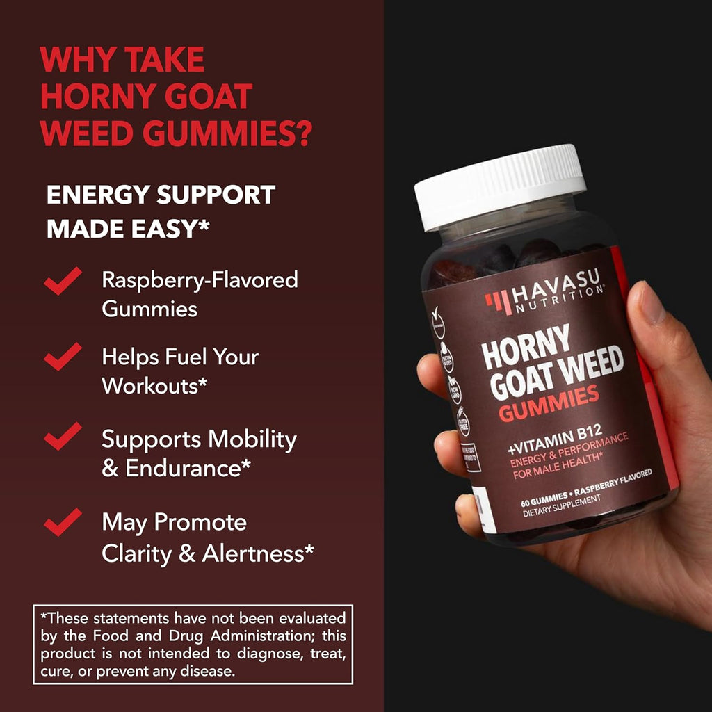Horny Goat Weed Gummies with Vitamin B12 - Energy, Endurance & Performance Support for Male Health - 30 Count - Vegetarian-Friendly, Non-GMO, Pectin-Based - Raspberry Flavor, 15 Servings