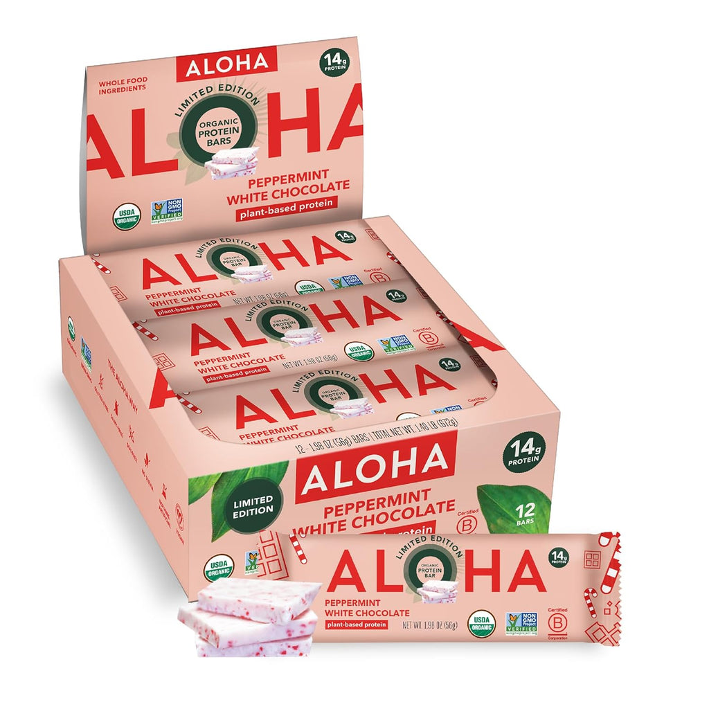 ALOHA Organic Plant Based Protein Bars - Peppermint White Chocolate, Vegan, Low Sugar, Gluten-Free, Paleo, Low Carb, Non-GMO, No Stevia, No Erythritol - LIMITED EDITION, 12 Count (Pack of 1)
