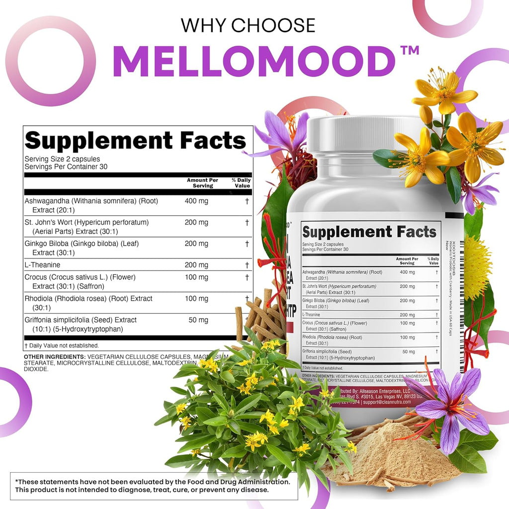 Clean Nutraceuticals Saffron Supplements Extract 100mg + Ashwagandha L-Theanine 200mg - Mood Support Ginkgo Biloba, St. John's Wort, Rhodiola Rosea & 5-HTP Capsules Pills Men Women