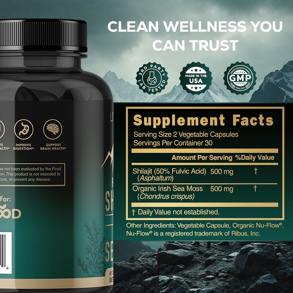 LIVEGOOD Himalayan Shilajit and Organic Sea Moss Capsules, Fulvic Acid Organic, Sea Moss and Shilajit Combo for Energy, Wellness and Vitality Support, Supports Focus and Mental Clarity (60 Count)