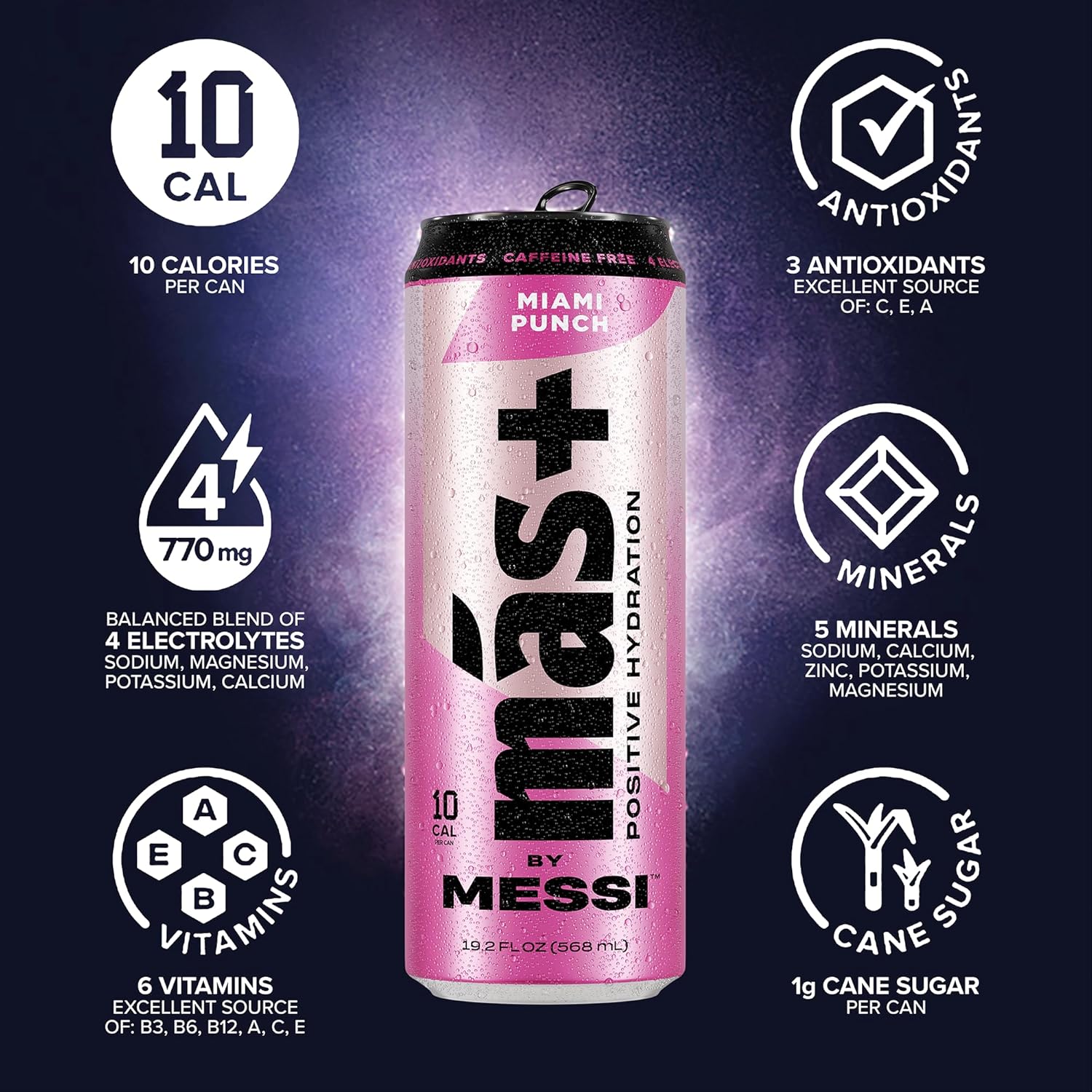 Más+ By Messi 19.2oz Miami Punch Sports Drink & Hydration Beverage, Natural Flavors with Vitamins and Electrolytes, No Artificial Sweeteners or Colors, 12-pack