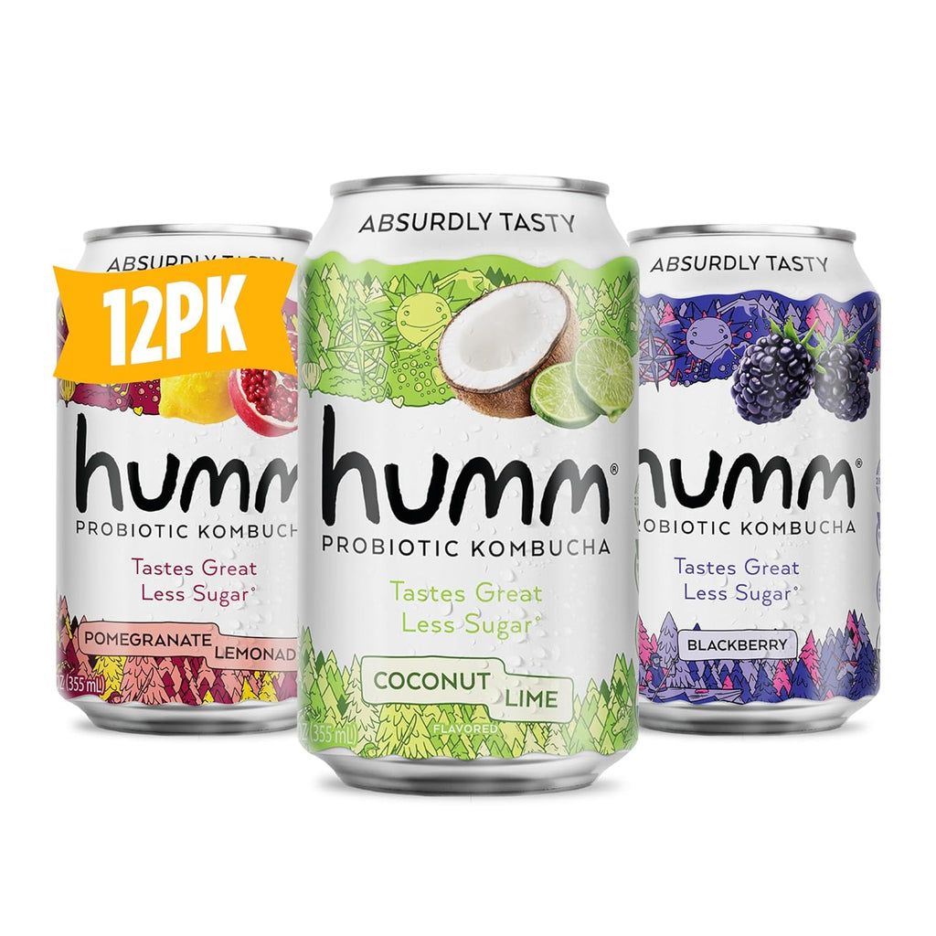Humm Kombucha Paradise Variety 12 Pack, 2 Billion Probiotics for Gut Health, Blackberry, Coconut Lime, Pomegranate Lemonade