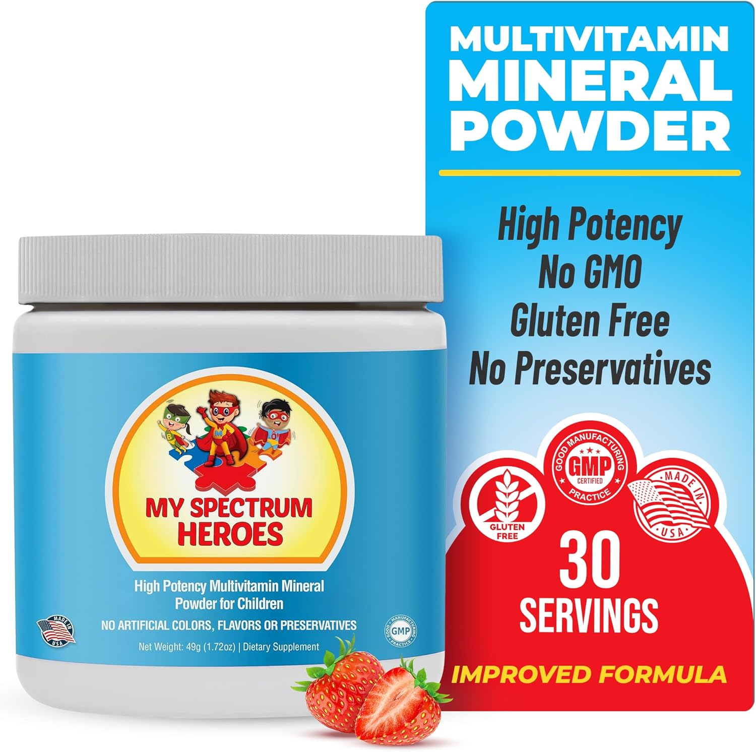 Kids Powder Multivitamin - Strawberry Powder Supplement, Better Absorption, Non-GMO, Non-Gluten, No Artificial Ingredients - Neural Help for Children on The Spectrum - 30 Servings