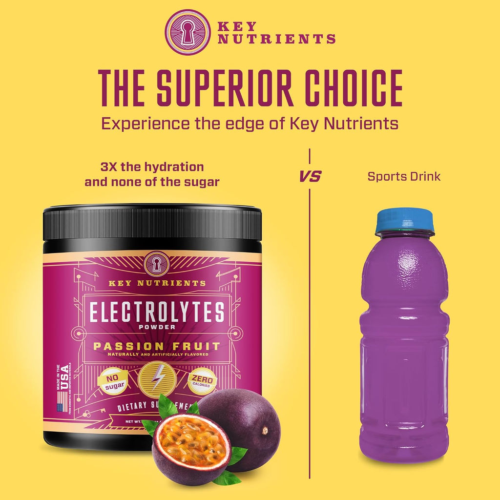 KEY NUTRIENTS Multivitamin Electrolytes Powder No Sugar - Delicious Passion Fruit Electrolyte Powder - Endurance & Energy Supplement - Hydration Powder - No Calories - 90 Servings - Made in USA
