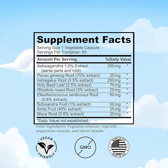 Cortisol Support | Ashwagandha & Rhodiola Rosea | 9-in-1 Adaptogen Complex Supplement | Stress & Mood Support | 60 Veg Capsules | Made in USA