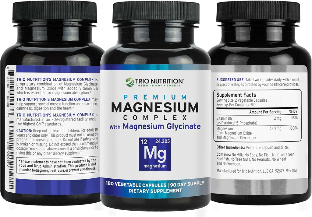 Trio Nutrition Magnesium Complex 90 Day Supply 420 mg | Natural Calm, Relax, Stress Relief, and Muscle Recovery |Magnesium Glycinate Supplement with Vitamin B6 for Rapid Absorption*
