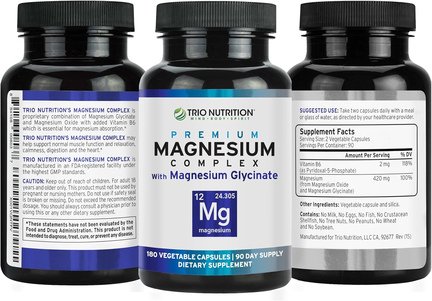 Trio Nutrition Magnesium Complex 90 Day Supply 420 mg | Natural Calm, Relax, Stress Relief, and Muscle Recovery |Magnesium Glycinate Supplement with Vitamin B6 for Rapid Absorption*