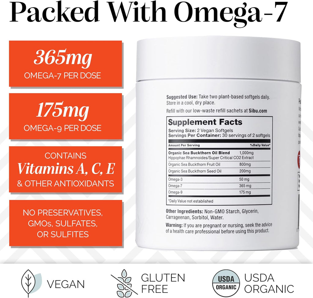 sibu Sea Buckthorn Omega-7 Softgels Starter Kit (60ct, 30 Day Supply) – Supplement for Healthy Skin, Hair, Nails and Dryness