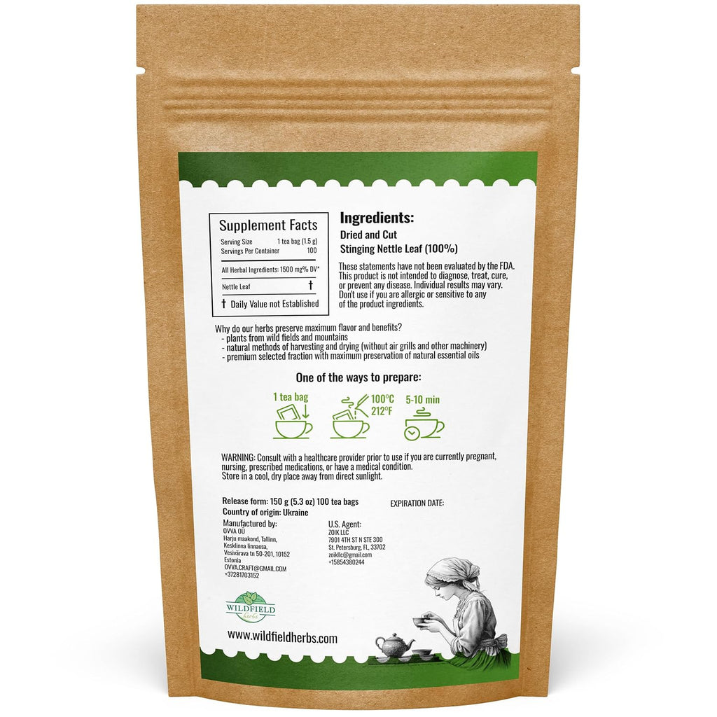 100 Bags Nettle Leaf Tea Ortiga Dried Nettle Herb Planta Bulk (Urtica Dioica) - 100 Count 1.5g Tea Bags Herb Hojas De Ortiga