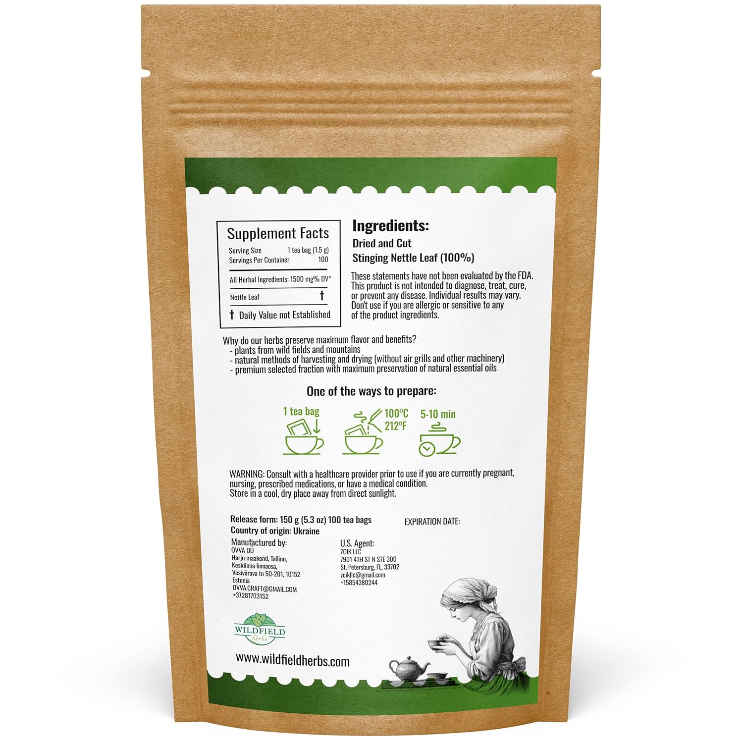 100 Bags Nettle Leaf Tea Ortiga Dried Nettle Herb Planta Bulk (Urtica Dioica) - 100 Count 1.5g Tea Bags Herb Hojas De Ortiga