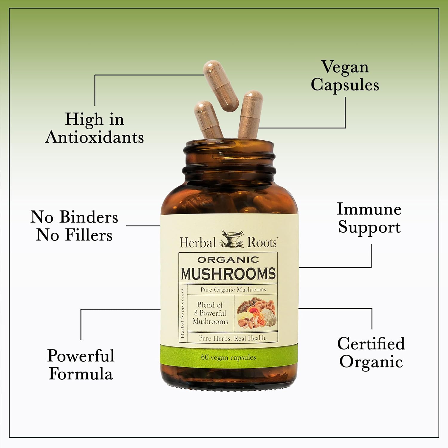 Herbal Roots Organic 8 Mushroom Blend Supplement Capsules - 100% Fruiting Body Extracts - Wellness and Immunity - 60 Vegan Capsules