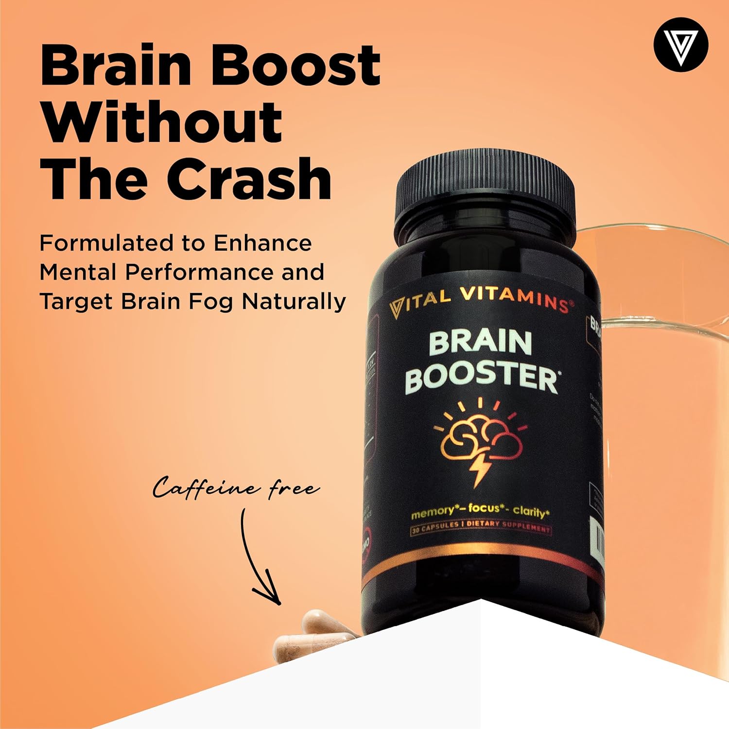 Vital Vitamins Brain Supplements with Bacopa Monnieri - for Memory and Focus – Nootropic Brain Booster - Caffeine-Free Support for Adults & Seniors – Non-GMO, 30-Day Supply, 30 Capsules