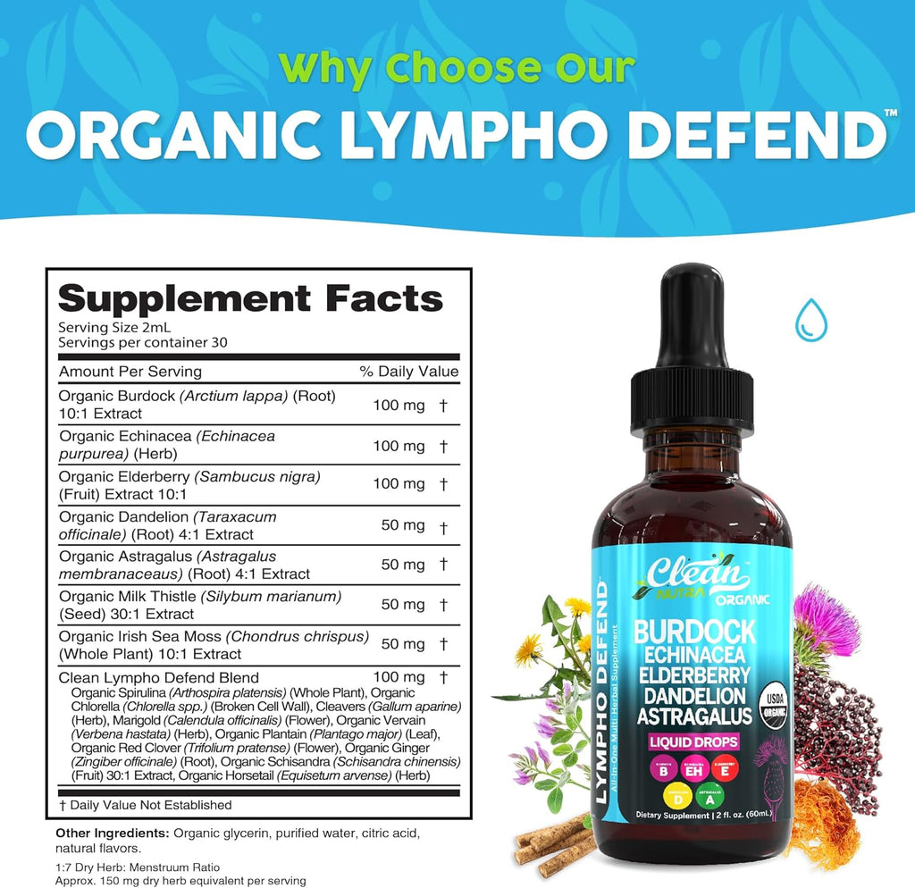 Organic Lymphatic Drainage Supplement | Lymphatic Support Drops | Burdock Root Echinacea Elderberry Dandelion Astragalus Milk Thistle Sea Moss Red Clover Cleanse Marigold Drop by Clean Nutra