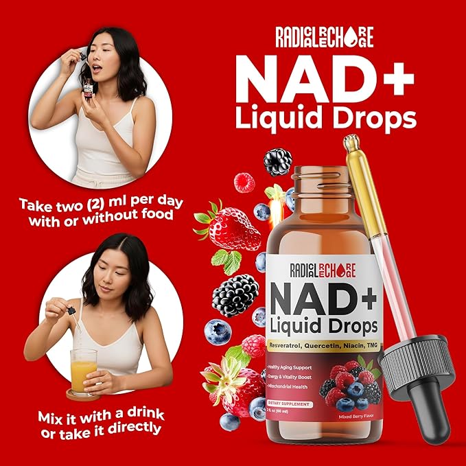 NAD+ Liquid Drops – with Resveratrol, Quercetin, Niacin & TMG – 10-in-1 Nutrient Support Formula for Cellular Energy & Wellness – Mixed Berry Flavor – 2 fl oz
