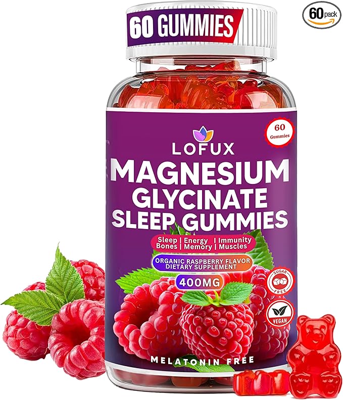 Lofux Magnesium Glycinate Gummies 400mg, Sugar Free Magnesium Gummies for Adults Women, Men, Chewable Supplement Gummy with L-Threonate, Vitamin D, B6, CoQ10 - for Calm, Sleep, Body Relaxation, 60 Ct