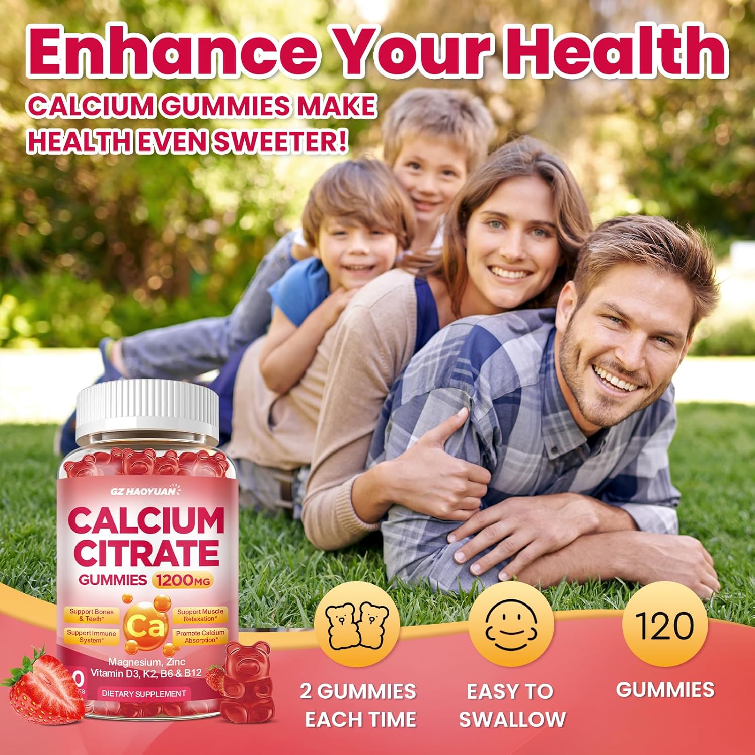 Calcium Citrate Gummies - 1200mg Calcium Gummies Supplements for Women & Men with Vitamin D3, K2, Magnesium, Zinc High Absorption for Bone, Muscle & Immune Support, Strawberry Flavor, 120 Count