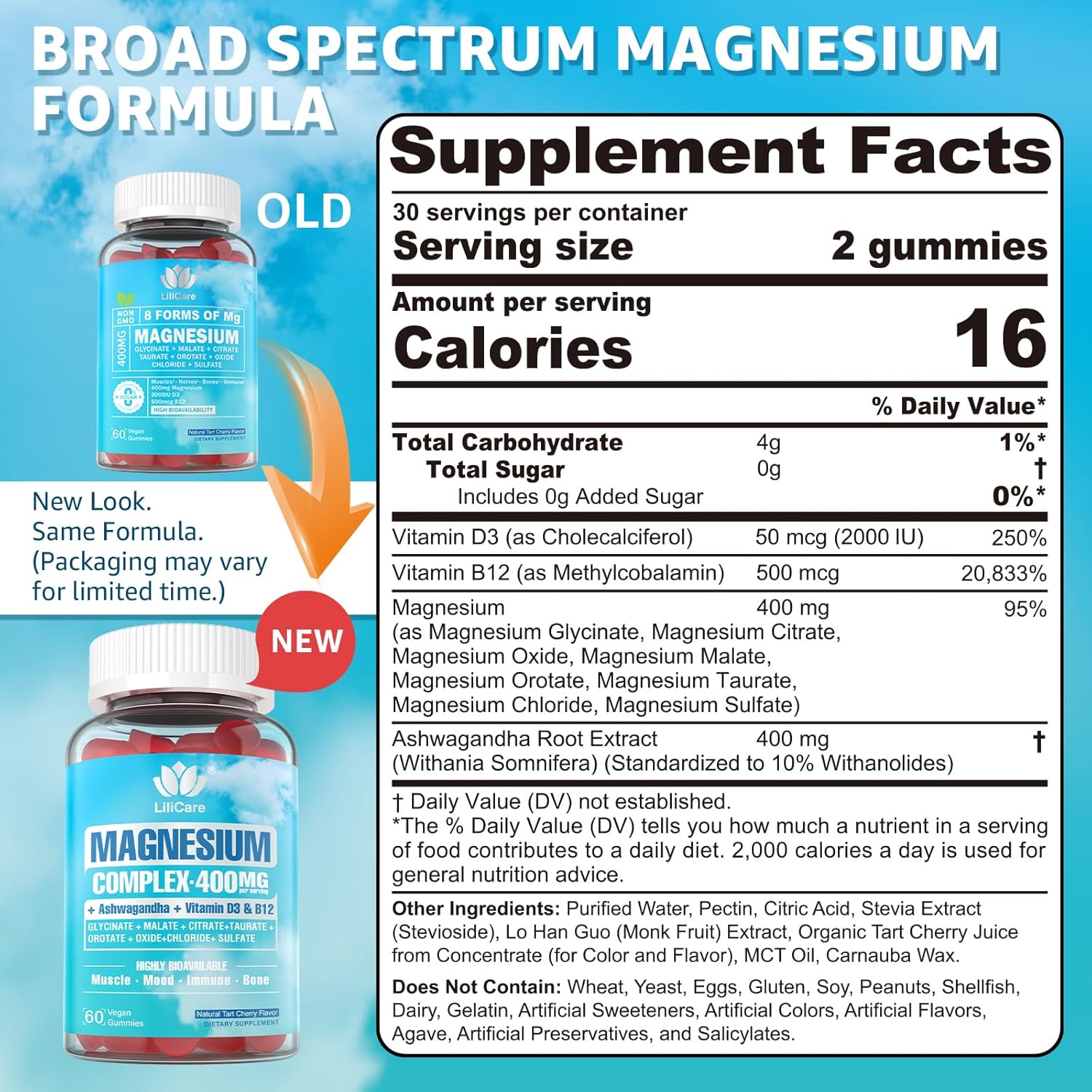 Magnesium Complex Gummies for Women Men 400mg, 8 Forms of Magnesium Glycinate, Citrate, Malate - Sugar Free Calm Magnesium Gummies Supplement with Magnesium Ashwagandha, D3, B12 for Relax,Vegan,120Cts