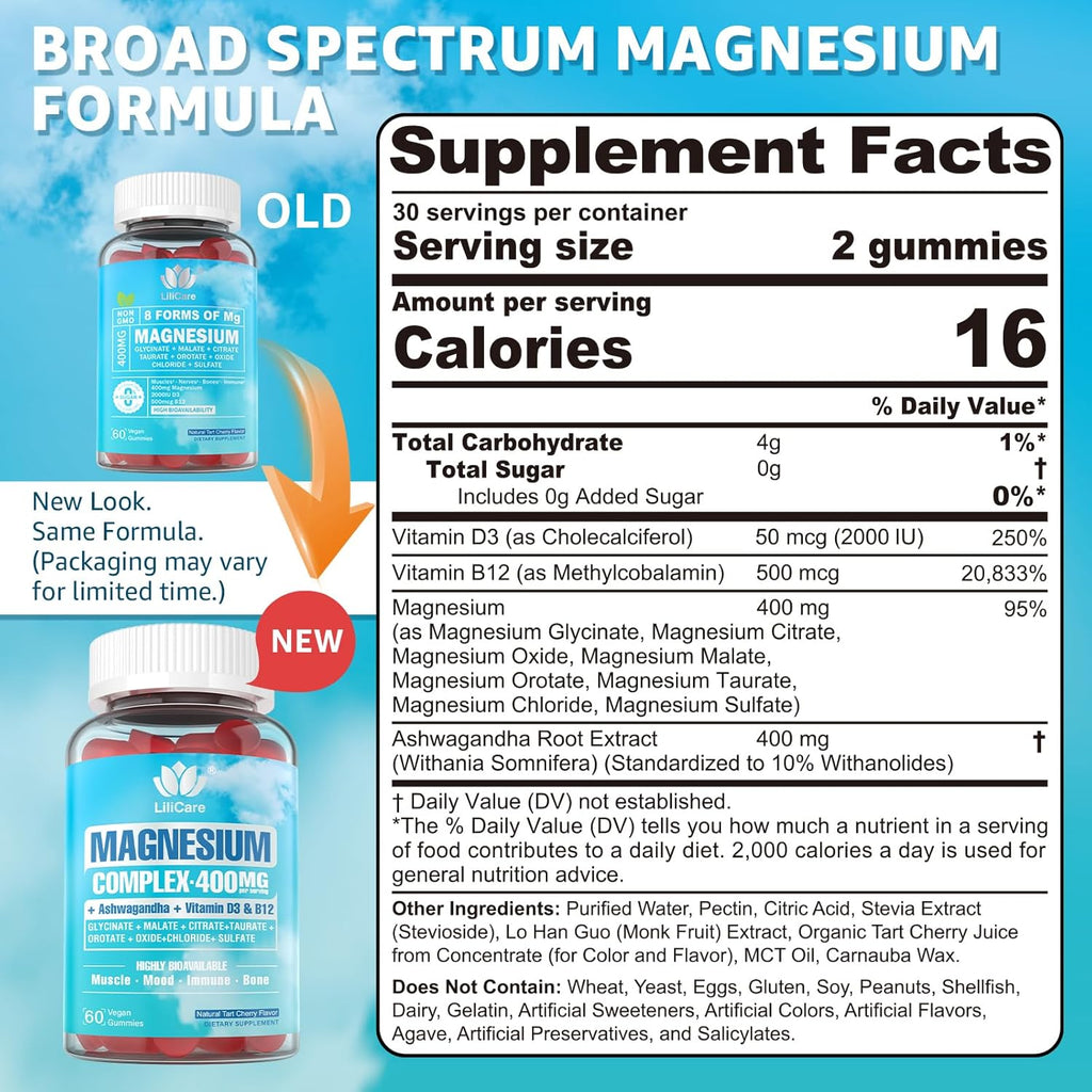 Sugar Free Magnesium Complex for Women, Calm Magnesium Gummies for Adults 400mg, Magnesium Glycinate, Citrate, Malate & More- Magnesium Gummy with Magnesium Ashwagandha, D3, B12 for Relax, Calm, Vegan