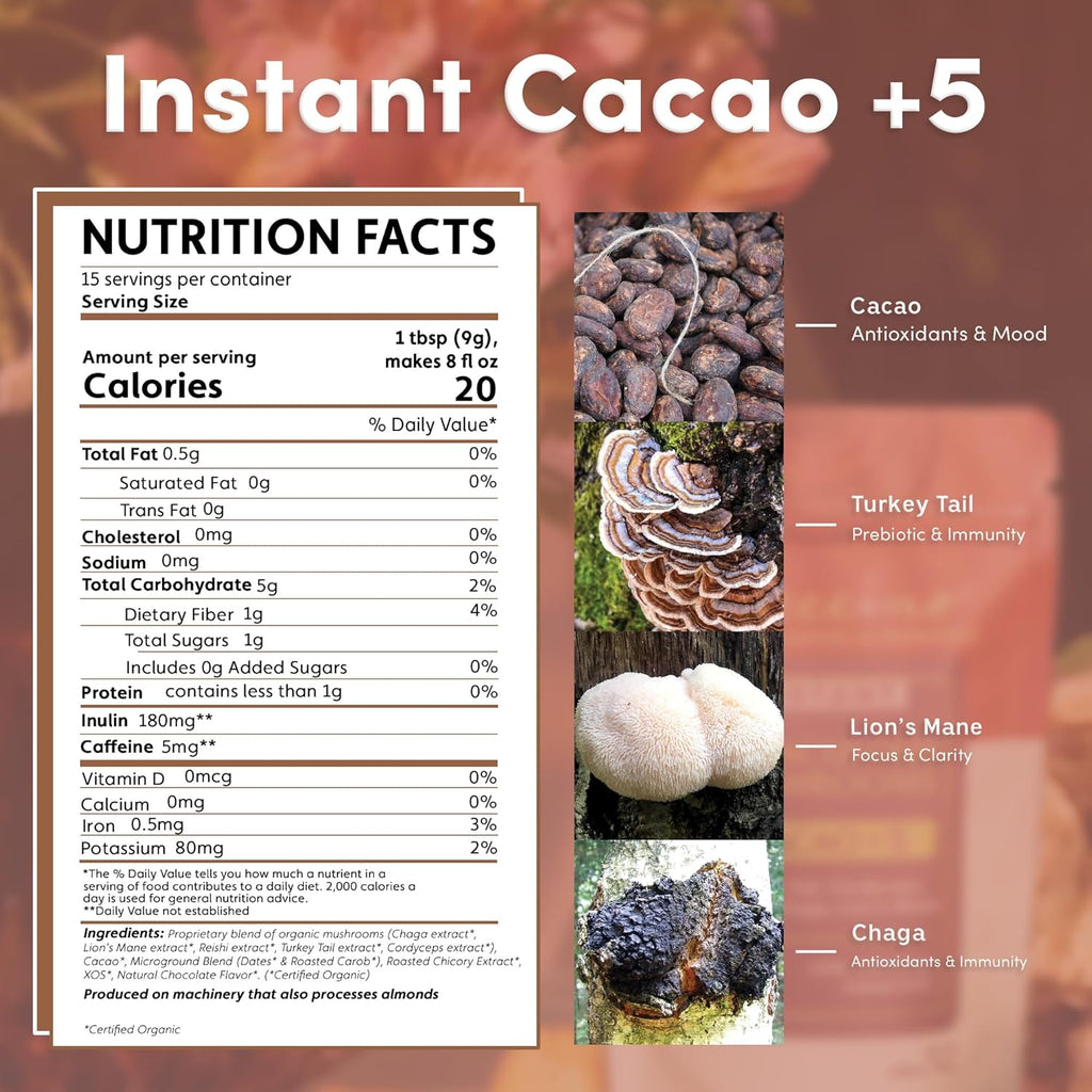 Miraculous Mushrooms Instant Cacao+5 Coffee Alternative by Teeccino – 15 servings - 5 Organic Adaptogenic Mushrooms with Cacao - Reishi, Lion’s Mane, Chaga, Turkey Tail, Cordyceps - Caffeine Free, Prebiotic - 4.7 ounces