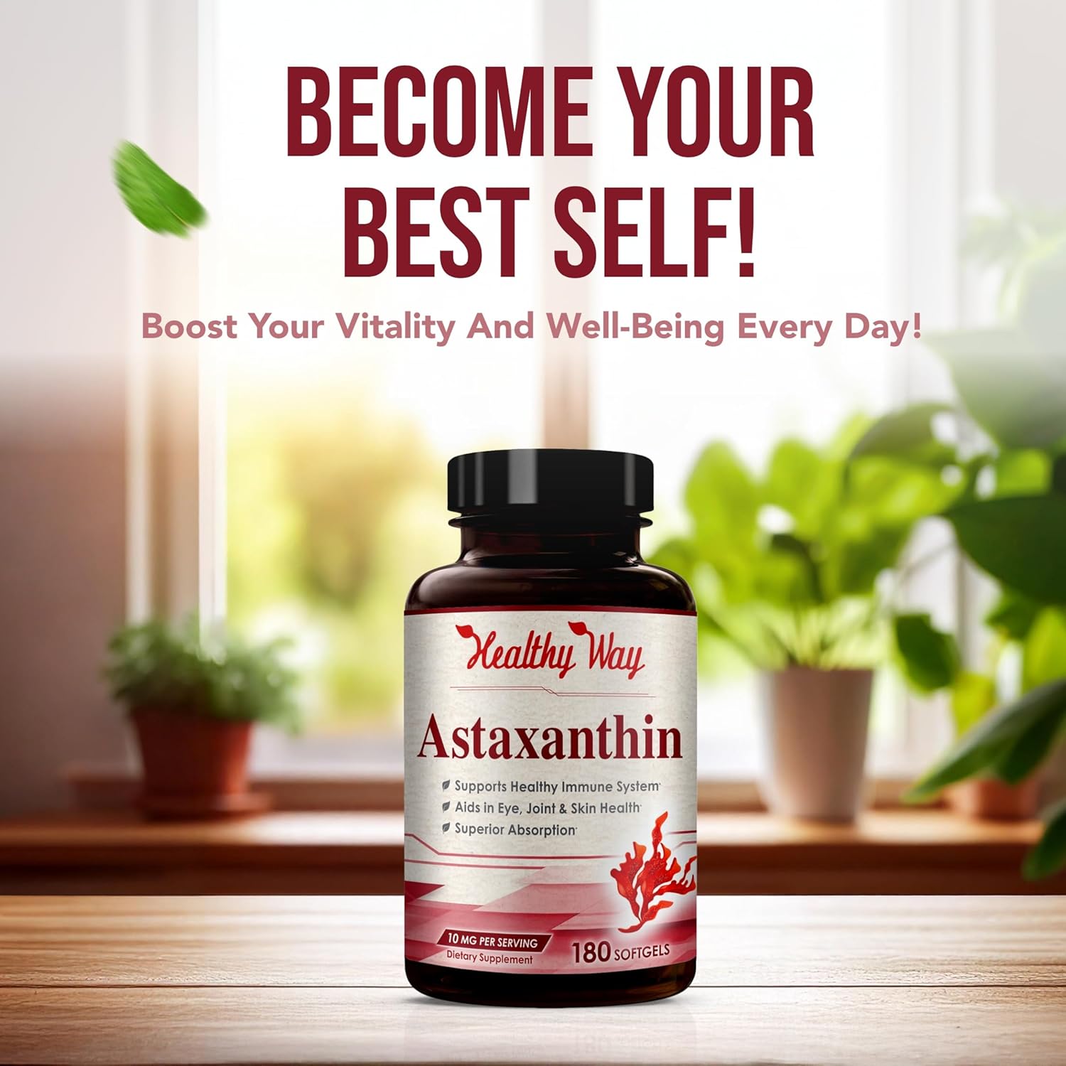 Easy Absorption Astaxanthin Supplement - 10mg Astaxanthin from Haematococcus Pluvialis Fresh Microalgae for Skin and Eye Health Support - Rich in Antioxidants and Carotenoids (180 Servings)