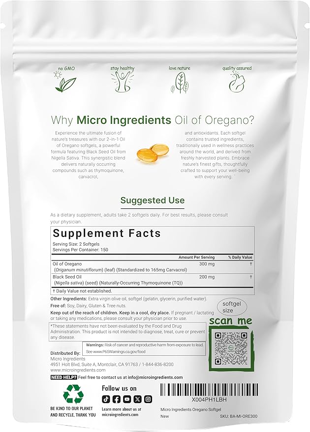Micro Ingredients Oil of Oregano Softgels, 300 Count | 2 in 1 Formulated with Black Seed Oil | 4X Strength Carvacrol & Thymoquinone | Plant Based, Non-GMO