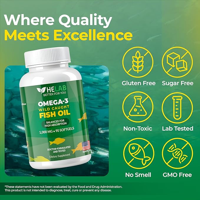 Omega 3 Fish Oil Supplementt (90 Count) Wild Caught Omega3 Fish Oil High EPA DHA Rich in Fatty Acid | Omega-3 Supplements for Women & Men | Purified Omega3 Fatty Acid, Non-GMO, Burpless Softgels