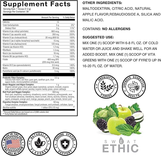 Sweat Ethic Vita Greens Greens Superfood Powder, Daily Multivitamin with Digestive Enzymes, Probiotics, Prebiotics & Reds for Men and Women, Sweetened with Stevia, Berry Apple Flavor, 30 Servings
