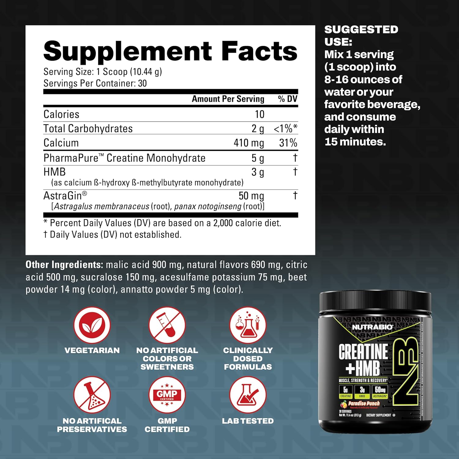 NutraBio Creatine + HMB- Creatine Monohydrate with HMB Powder for Muscle Growth, Increased Strength- 30 Servings (Paradise Punch)