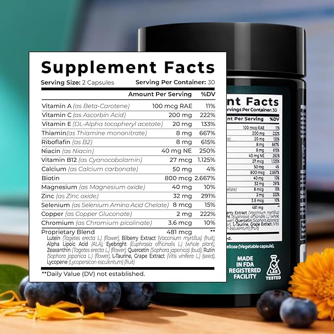 Vision+ Eye Support Blend Eye Vitamins and Mineral Supplement with Lutein, Zeaxanthin, Bilberry Extract, Vitamins A, C & E, Zinc & Copper - Support Eye Health & Clear Vision – 60 Veg Caps