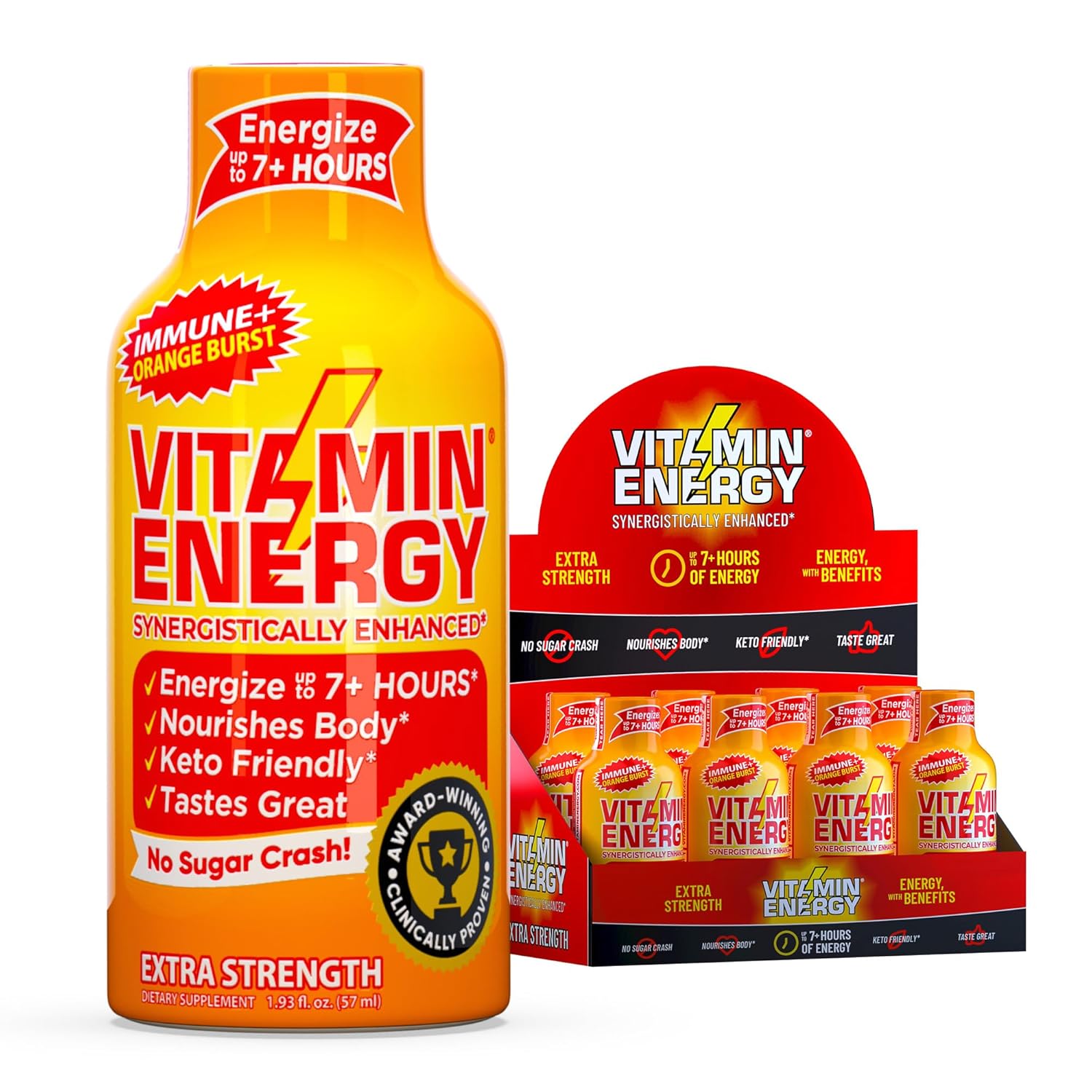 Vitamin Energy Immune+ Extra Strength Energy Shot Orange Burst 8 Pack, 260mg Natural Caffeine, B-Vitamins, Citicoline, Green Tea, Immunity & Focus Support, Zero Sugar, Gluten-Free 1.93 fl oz